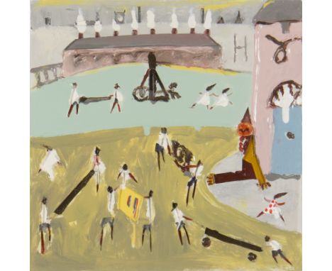 DAVID BARROW (b. 1959) Framed, signed, dated June 2015 verso, oil on card with cut out relief, Naïve Northern School, showing