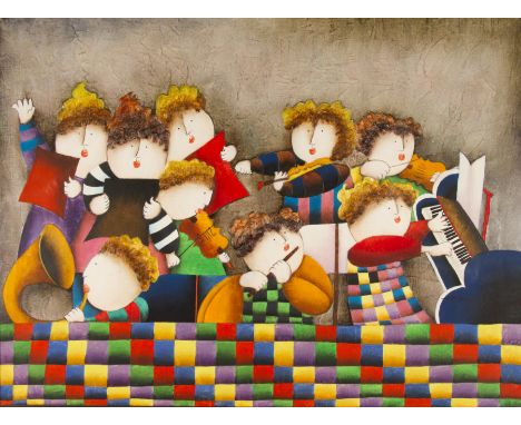 J. ROYBAL. Framed, signed, Contemporary oil on canvas, figures playing musical instruments, 91cm x 121cm.