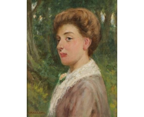 DAVID W. HADDON (fl.1884 - 1914) Framed, signed, oil on board, bust length portrait of a young lady in lilac blouse, with lac