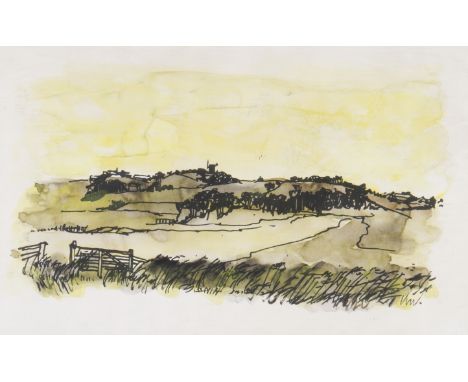 K. W. Framed, signed with initials, watercolour on paper, rural landscape with fence before extensive fields, 27.8cm x 44.3cm