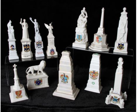 A group of twelve WW1 Crested Ware memorial and cenotaph items to include; Margate War Memorial with Margate crest, Maiwand M