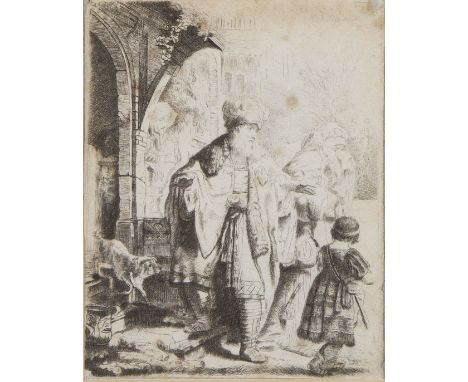 REMBRANDT HARMENSZ. VAN RIJN (1606 - 1669) Framed, signed in plate, etching on paper, Abraham casting out Hagar and Ishmael, 
