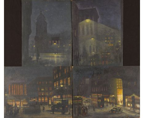 Four unframed, unsigned, oils on board, 20th Century Northern School, various evening street scenes with figures, lit by lamp