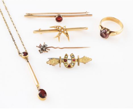 A diamond insect stick pin, the flying insect motif set with rose cut diamonds and red stone eyes, together with an early 20t