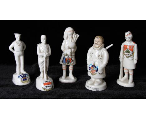 A group of five WW1 figural Crested Ware ceramic figures to include; Barnsfather figure of Ol dBill with motto 'Yours to a Ci