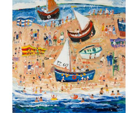 SIMEON STAFFORD (b. 1956) Framed, signed, oil on canvas, titled on stretcher verso, 'A Beautiful Day', Naive seascape with fi