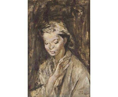 KEIJI SHIMAGAKI. Framed, signed, dated 1939, Japanese oil on canvas, bust length portrait of a lady with downcast gaze and on