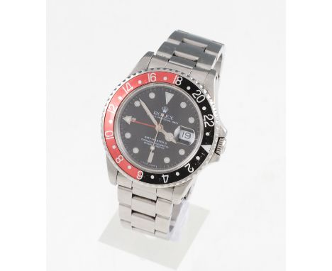 A Gents stainless steel Rolex Oyster Perpetual Date GMT Master II bracelet watch, having black dial with hourly luminous mark