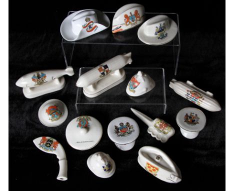 A selection of assorted WW1 Crested Ware items to include; Manchester crest, unmarked, Shirebrook crest by Arcadian, New Brig
