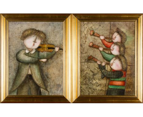 J. ROYBAL. Four framed, signed, Contemporary oils on canvas, two showing figures playing musical instruments and two showing 