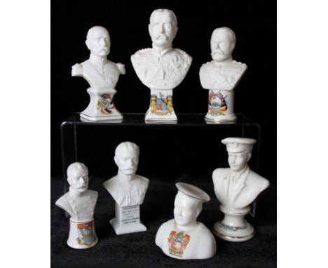 A group of seven WW1 Crested Ware ceramic busts to include; three busts depicting Lord Kitchener, one by Carlton China with A