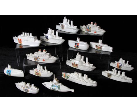 A group of fifteen WW1 Crested Ware ship and submarine models of various sizes to include; two H.M.H.S Anglia ships by Carlto