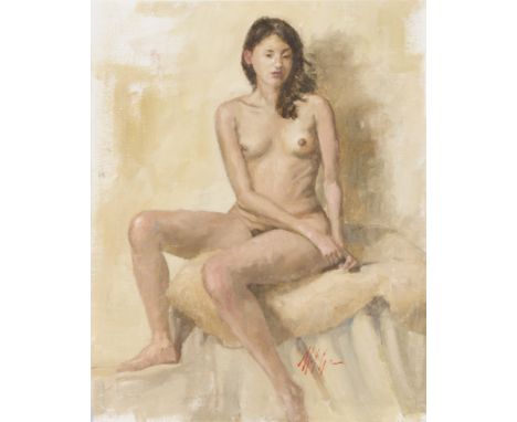 MATT GROGAN (b.1947) Framed, signed, oil on board, full length portrait of a seated female nude, 33.7cm x 26.7cm.