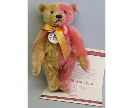 A Steiff Club Edition year 2000 two-tone teddy bear, with porcelain pendant No. 7468, 32cm high, boxed with certificate