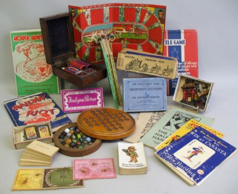 Miscellaneous toys - including satin walnut solitaire board with marble store under, 17cm diameter, cribbage and bezique scor