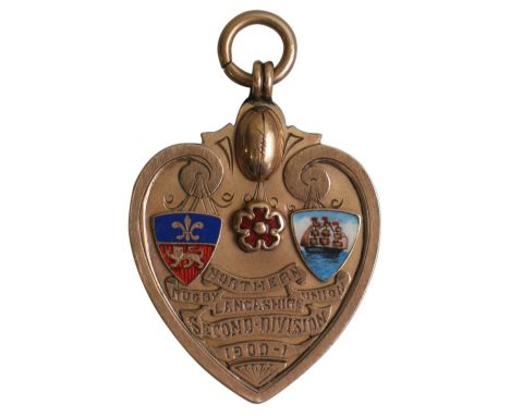 Rugby Union - A Victorian 9ct gold and enamel presentation medal in the form of a shield shaped fob inscribed "Northern Lanca