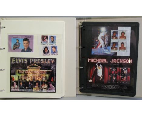 Pop/ Rock and roll on stamps: Two thematic collections in ring binders, one "King of Rock and roll", the other "Michael Jacks