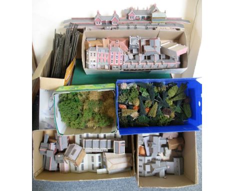 '00' gauge - a large quantity of trackside kit-built cardboard buildings including stations, goods yard, viaduct, engine shed