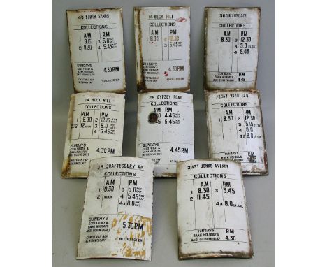 Eight Post Box enamel collection signs, of bow fronted oblong form, each bearing the address of a different location around B