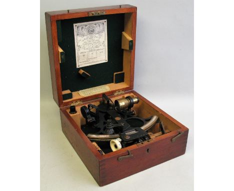 A mid-20th century Husan sextant, by Hughes and Son, the 18cm radius arm with micrometer and lamp on a three circle frame wit