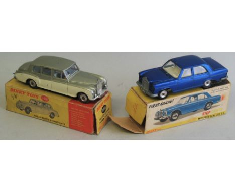 Dinky - Rolls-Royce Phantom IV, No. 198 in cream and light green, repaired box, and Mercedes-Benz 250 SE with battery operate