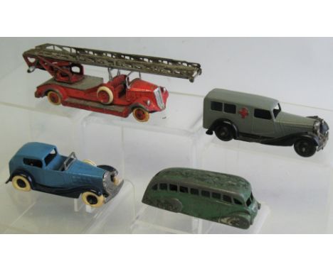 Dinky - French Delahaye fire engine No. 32D, Daimler ambulance in grey and black, streamlined bus in green and blue and black