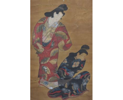 Japanese School 19th Century, print on silk, Formerly a scroll depicting two Japanese ladies in kimonos with embroidered surr