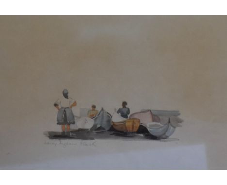 An attractive mid-century ink and watercolour wash, entitled 'St Tropez' a depiction of moored boats, signed 'Mills' within a