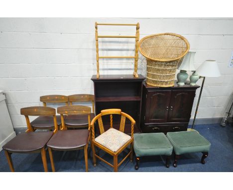 AN OAK BARLEY TWIST CORNER CHAIR, along with four mid-century dining chairs, a pair of modern footstools, a wicker peacock ch