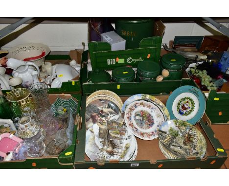 FIVE BOXES CERAMICS, GLASS AND SUNDRY ITEMS ETC, to include Wedgwood collectors plates -  Life on the Farm plates x8, one Wed