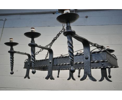 A STEEL RECTANGULAR SIX BRANCH GOTHIC STYLE CHANDELIER, length 52cm x depth 77cm x drop 72cm