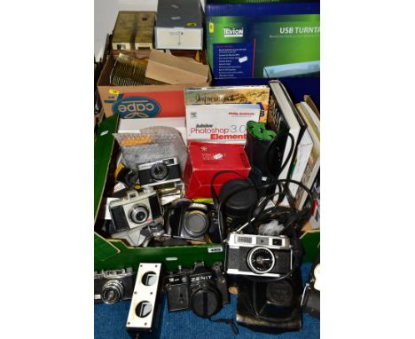 TWO BOXES OF PHOTOGRAPHIC EQUIPMENT AND A BOXED TEVION SOUND USB TURNTABLE, the photographic equipment to include a Zenit 12X