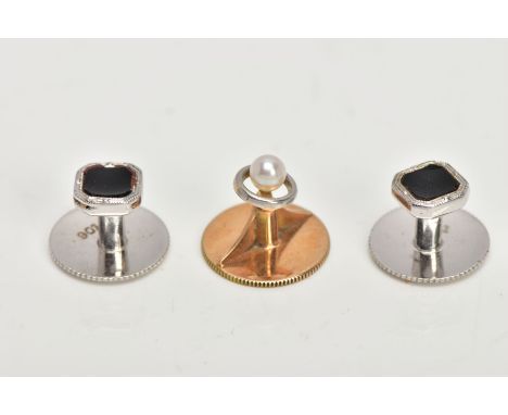 THREE DRESS STUDS, a pair of white metal dress studs with a square black enamel design, stamped 9ct, approximate gross weight