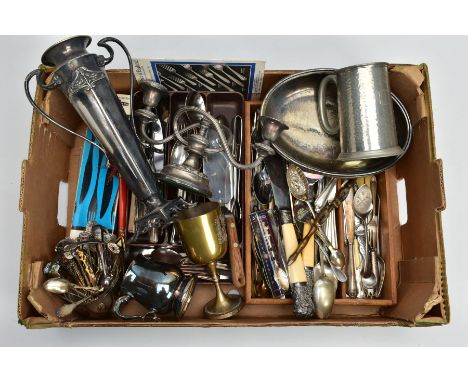 A BOX OF MISCELLANEOUS ITEMS, to include a hammer effect pewter tankard, with a vacant cartouche, a silver-plated bell shaped