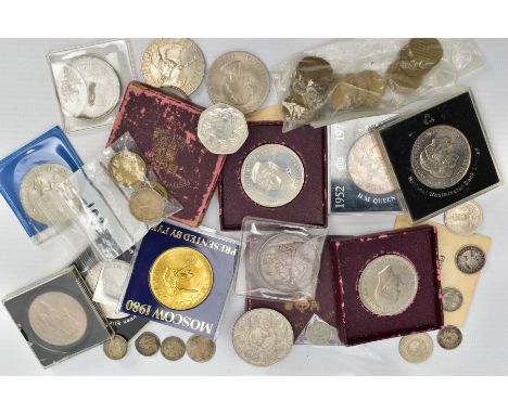 A SMALL BOX OF MAINLY CROWN SIZE COINS, to include an 1887 Victoria Jubilee Crown coin, a George V 1935 Crown coin, 2x Festiv