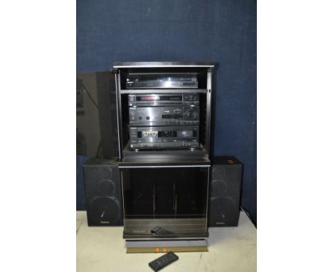 A TECHNICS SU-X830 stereo system with integrated amplifier and double cassette player, a pair of SB-F860 speakers with remote