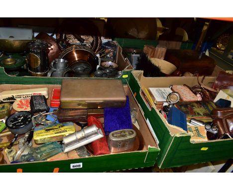 FOUR BOXES OF METALWARES, TREEN, SUNDRIES, VINTAGE PACKAGING AND ADVERTISING ITEMS, to include a British Jaeger automobile cl