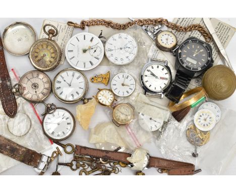 A SELECTION OF WHITE METAL POCKET WATCHES, WRISTWATCHES, WATCH MOVEMENTS AND PARTS, to include four open face white metal poc