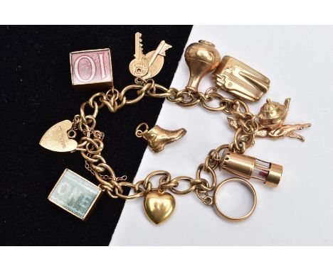 A 9CT GOLD CHARM BRACELET, curb link bracelet suspending ten charms in forms such as a lamp, heart, wedding band, dog, teapot
