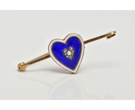 A VICTORIAN ENAMEL, PEARL AND DIAMOND BROOCH, centring on a blue guilloche enamel heart, with a white enamel surround, decora