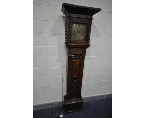 A GEORGIAN AND LATER OAK EIGHT DAY LONGCASE CLOCK, the square hood with half barley twist detail and foliate blind fretwork d