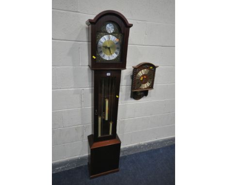 A MODERN MAHOGANY GRANDDAUGHTER CLOCK, with a silvered dial, tempus fugit to arch, signed western Germany to bottom of dial, 