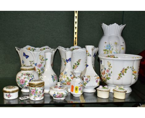 A COLLECTION OF FOURTEEN PIECES OF AYNSLEY GIFTWARE, comprising a Nature's Delight vase, height 27cm, two oval trinket boxes 