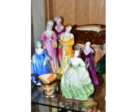 A COLLECTION OF ROYAL DOULTON CHARACTER JUGS, ROYAL WORCESTER, COALPORT AND OTHER LADY FIGURES, comprising Royal Doulton 'Old