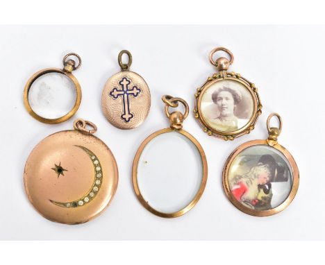 AN ASSORTMENT OF ROLLED GOLD LOCKETS, to include four glass lockets one including a painted portrait, another including a pho