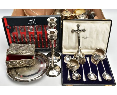 A BOX OF ASSORTED WHITE METAL WARE, to include a silver bright cut teaspoon, engraved with initials to the terminal, hallmark