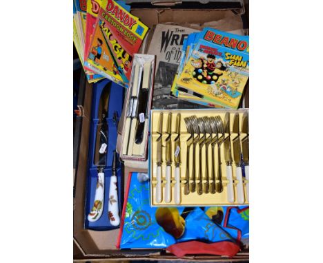 A BOX OF BOXED CUTLERY, VINTAGE SHEET MUSIC AND OTHER PRINTED EPHEMERA, ETC, including a boxed Royal Worcester Evesham patter
