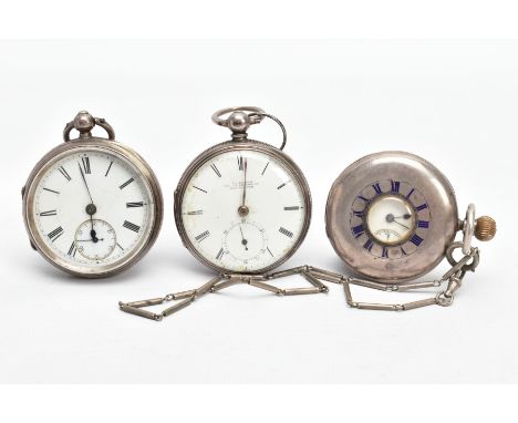 THREE SILVER POCKET WATCHES, to include a silver open face pocket watch, white dial signed 'J.H.Kilham 167, GT Jackson St, Ma