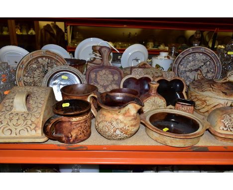 EIGHTEEN PIECES OF QUANTOCK DESIGN KITCHEN POTTERY, comprising tureen, duck shaped covered dish, two wall clocks, two table l