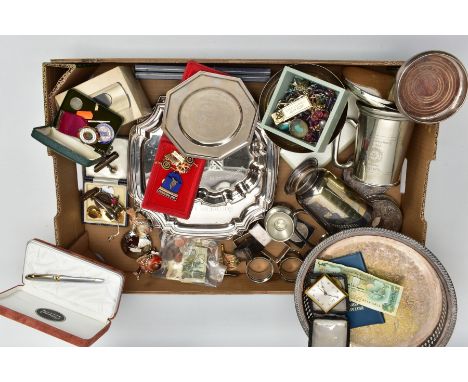 A BOX OF ASSORTED WHITE METAL WARE, to include a silver coaster with wooden base, hallmarked Birmingham, two enamelled medals